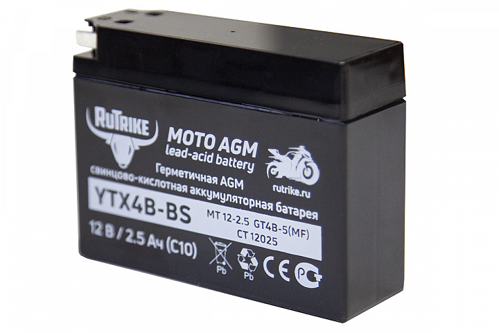 картинка Аккумулятор стартерный для мототехники Rutrike YTX4B-BS (12V/2,5Ah) (GT4B-5, CT 12025, MT 12-2.5) от магазина Eltreco