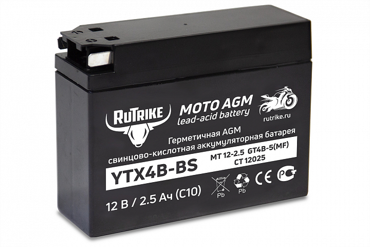 картинка Аккумулятор стартерный для мототехники Rutrike YTX4B-BS (12V/2,5Ah) (GT4B-5, CT 12025, MT 12-2.5) от магазина Eltreco