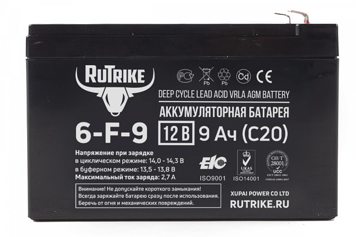 тяговый аккумулятор RuTrike 6-F-9 (12V9A/H C20)